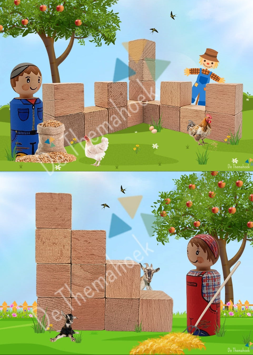 thema boerderij, kleuters, bouwen, bouwkaarten, bouwhoek, ruimtelijk inzicht, rekenen, tellen, hoeveelheden, boerderij, op de boerderij, themahoek, de themahoek, groep 1/2