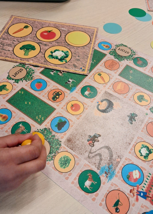 boerderijspel, thema boerderij, thema lente, tellen, woordenschat, kleuters, bordspel, spel, boerderij, op de boerderij, kleuters, groep 1/2