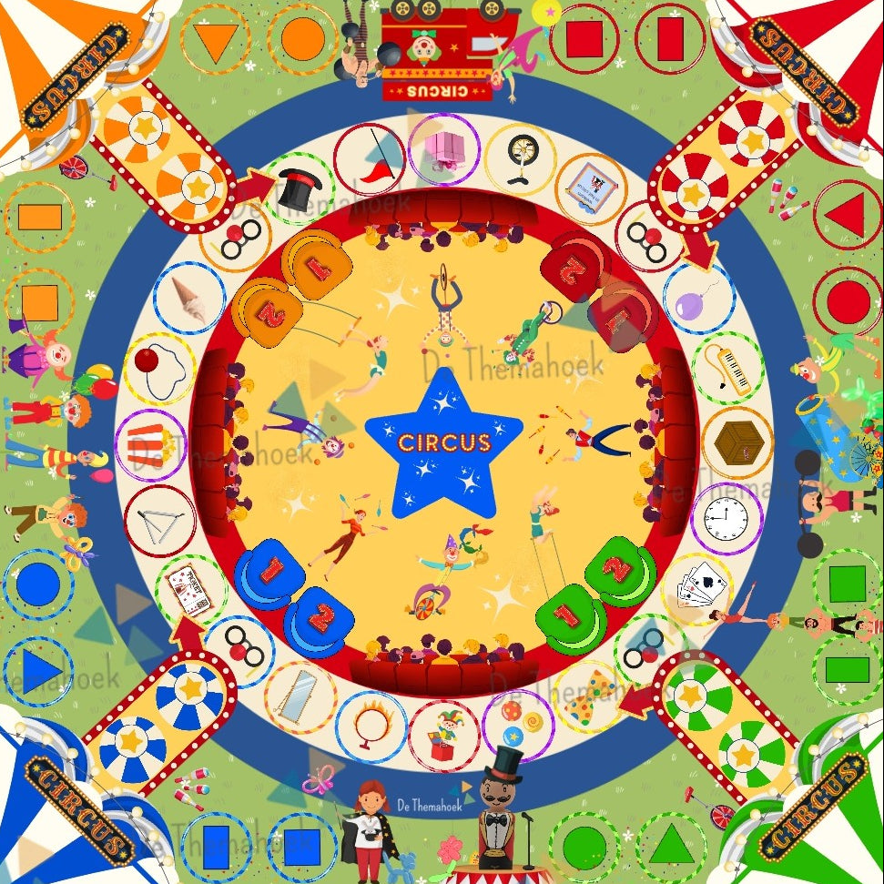 spel thema circus, kleuters, groep 1/2, bordspel thema circus, spel circus, tellen, vormen en kleur, cijferherkenning, vorm en kleur, mens erger je niet, woordenschat, dobbelsteenbeelden, themahoek circus, de themahoek