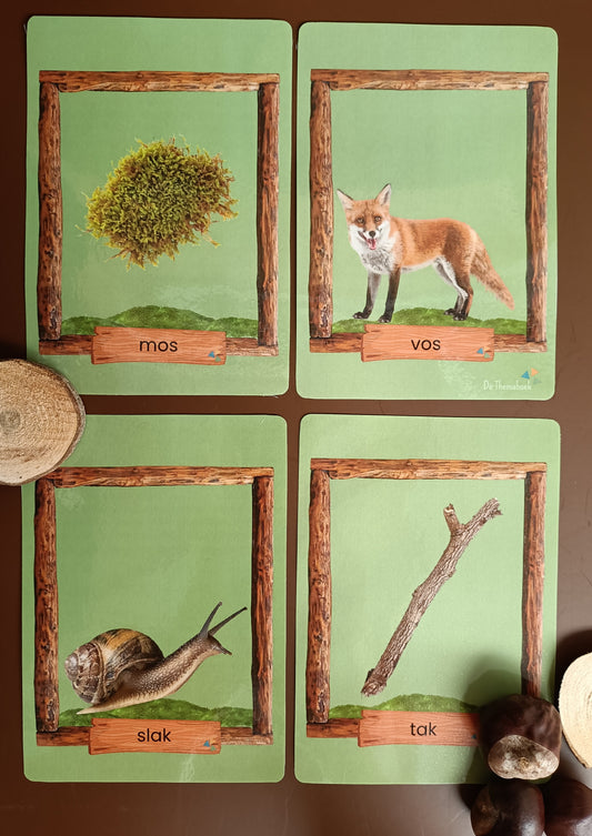rijmkaarten in het thema bos voor kleuters, woordenschat thema bos, woordenschat, nt2, groep 1/2, bewegend leren thema bos, de themahoek, themahoek bos