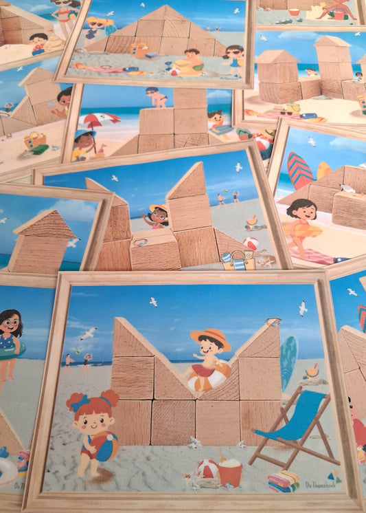 bouwhoek, bouwvoorbeelden, inloop thema vakantie, thema zomer, thema camping, thema op reis, thema strand en zee, kleuters, groep 1/2, inloop, inloopactiviteit, piccolo, bouwkaarten, bouwen, de themahoek, woordenschat, rekenen, letterkennis, cijferkennis, rijmen, bouwhoek