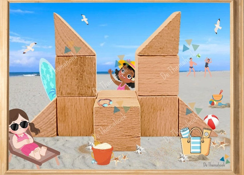 thema strand, kleuters, groep 1/2, bouwkaaarten, bouwhoek, bouwvoorbeelden, bouwkaartvoorbeelden, thema zomer, thema vakantie, thema op reis, de themahoek, motorische ontwikkeling, bouwen
