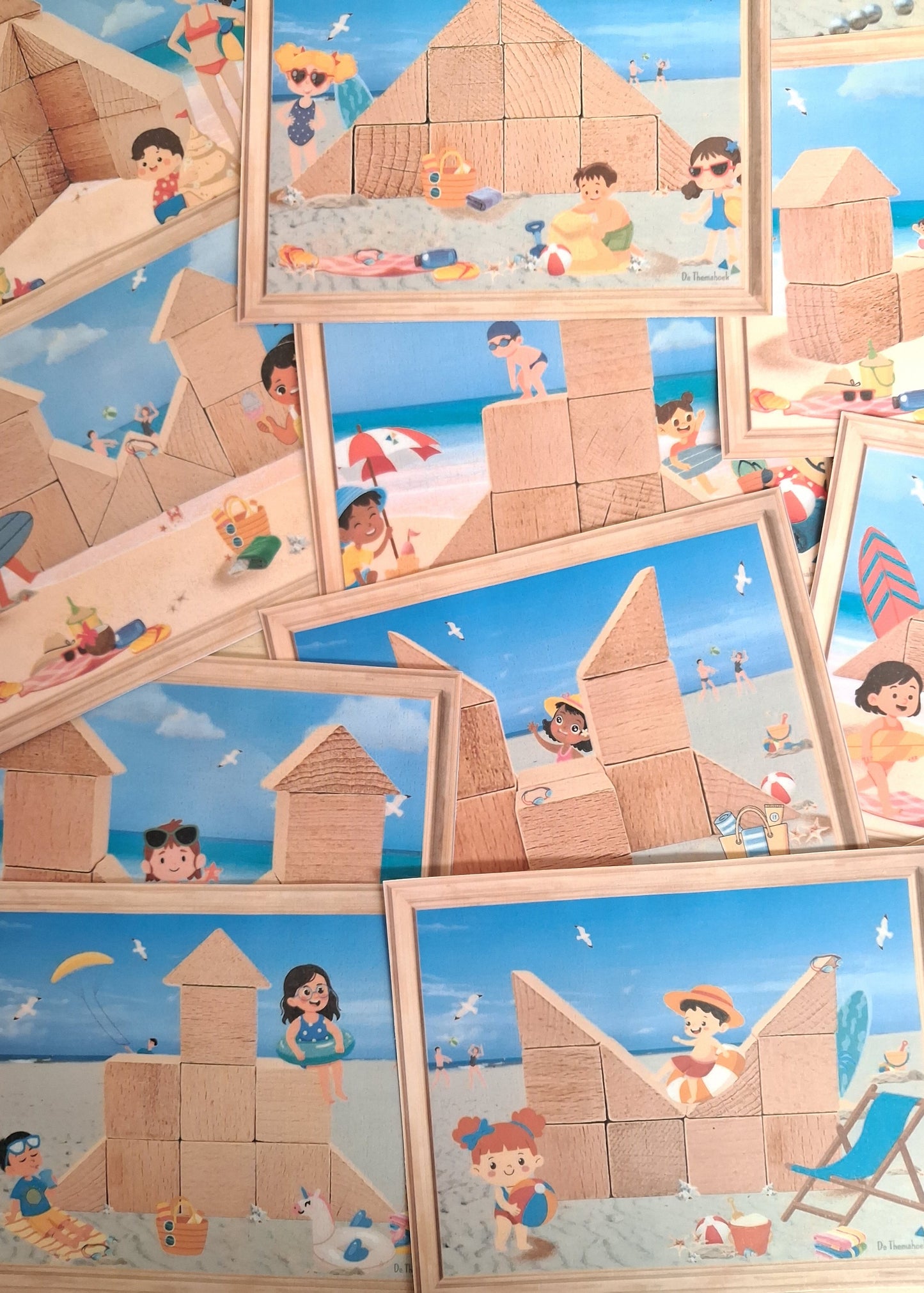 bouwvoorbeelden, inloop thema vakantie, thema zomer, thema camping, thema op reis, thema strand en zee, kleuters, groep 1/2, inloop, inloopactiviteit, piccolo, bouwkaarten, bouwen, de themahoek, woordenschat, rekenen, letterkennis, cijferkennis, rijmen, bouwhoek