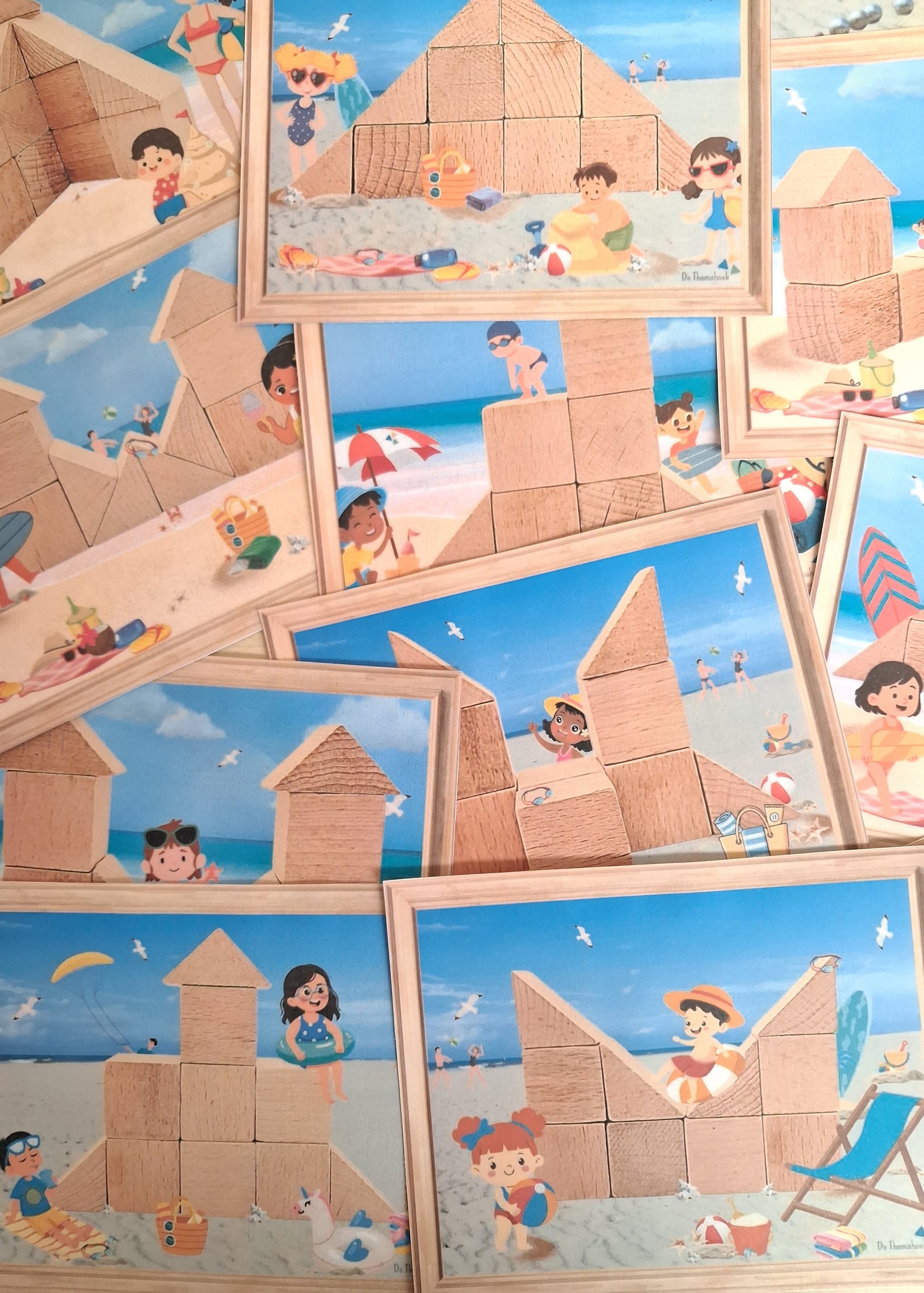 bouwvoorbeelden, inloop thema vakantie, thema zomer, thema camping, thema op reis, thema strand en zee, kleuters, groep 1/2, inloop, inloopactiviteit, piccolo, bouwkaarten, bouwen, de themahoek, woordenschat, rekenen, letterkennis, cijferkennis, rijmen, bouwhoek