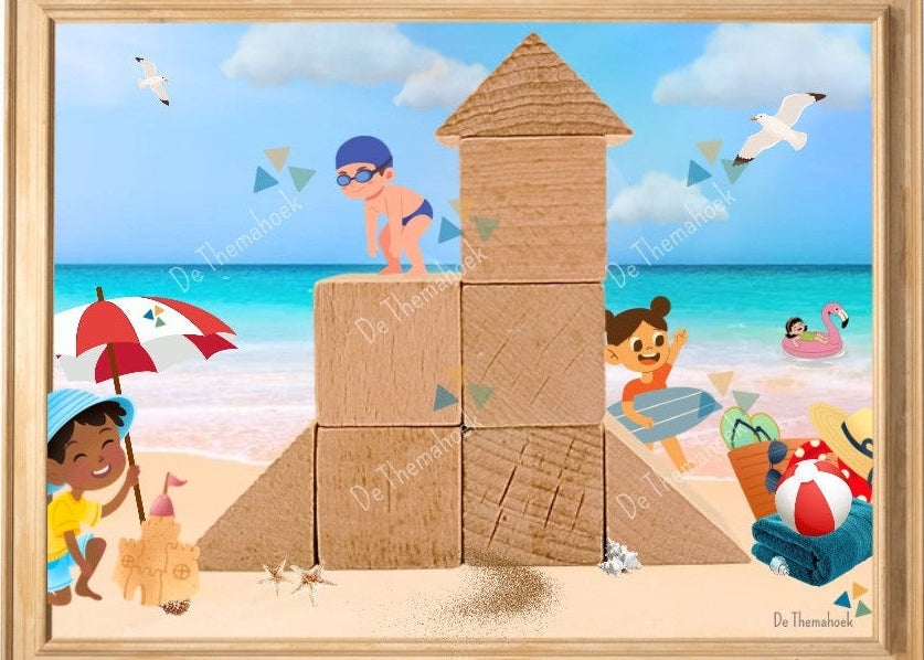 thema strand, kleuters, groep 1/2, bouwkaarten, bouwhoek, bouwvoorbeelden, bouwkaartvoorbeelden, thema zomer, thema vakantie, thema op reis, de themahoek, motorische ontwikkeling, bouwen