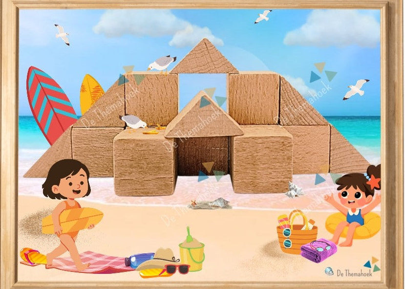 thema strand, kleuters, groep 1/2, bouwkaaarten, bouwhoek, bouwvoorbeelden, bouwkaartvoorbeelden, thema zomer, thema vakantie, thema op reis, de themahoek, motorische ontwikkeling, bouwen, thema zee