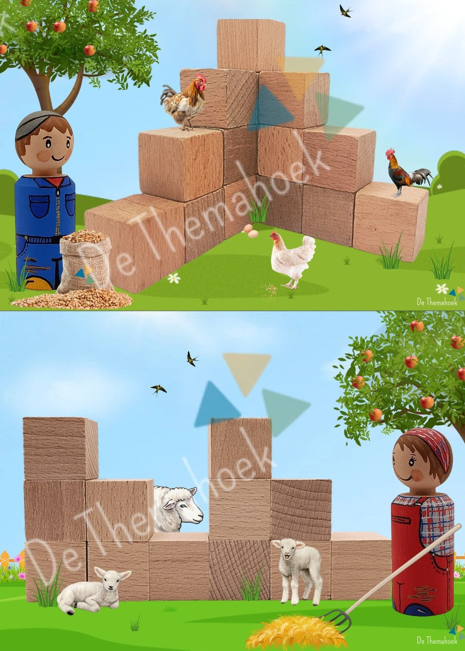 thema boerderij, kleuters, bouwen, bouwkaarten, bouwhoek, ruimtelijk inzicht, rekenen, tellen, hoeveelheden, boerderij, op de boerderij, themahoek, de themahoek, groep 1/2 