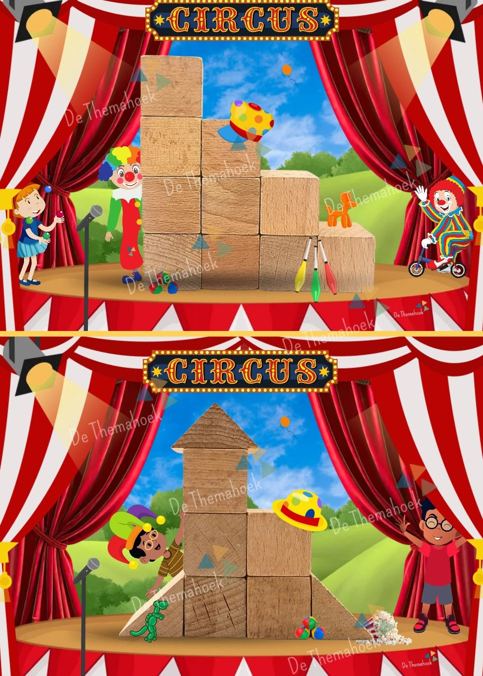 bouwvoorbeelden, thema circus, bouwhoek, kleuters, groep 1/2, circus, bouwen, tellen, vormen, de themahoek, themahoek circus, woordenschat