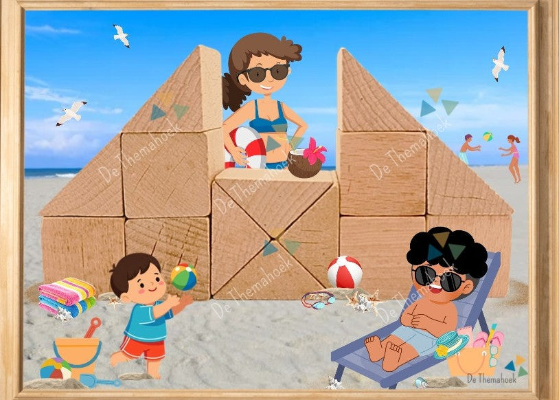 thema strand, kleuters, groep 1/2, bouwkaaarten, bouwhoek, bouwvoorbeelden, bouwkaartvoorbeelden, thema zomer, thema vakantie, thema op reis, de themahoek, motorische ontwikkeling, bouwen