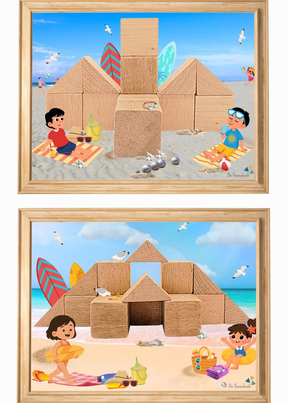 thema strand, kleuters, groep 1/2, bouwkaaarten, bouwhoek, bouwvoorbeelden, bouwkaartvoorbeelden, thema zomer, thema vakantie, thema op reis, de themahoek, motorische ontwikkeling, bouwen, woordenschat