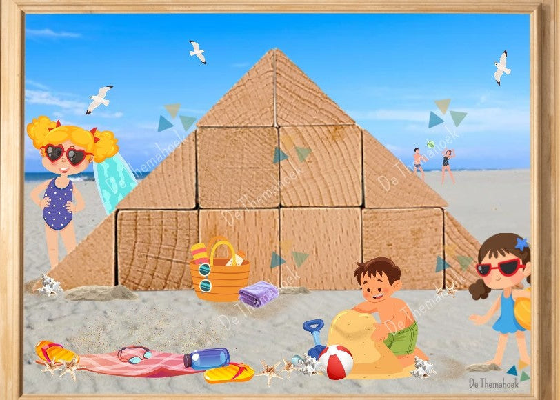 thema strand, kleuters, groep 1/2, bouwkaaarten, bouwhoek, bouwvoorbeelden, bouwkaartvoorbeelden, thema zomer, thema vakantie, thema op reis, de themahoek, motorische ontwikkeling, bouwen