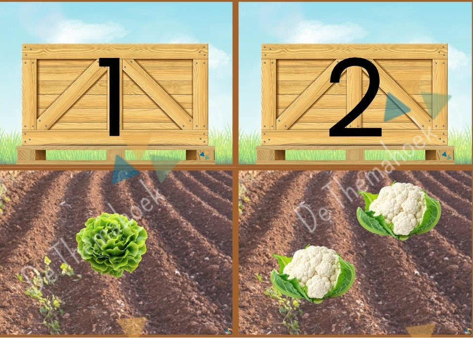 kleuters, groep 1/2, thema boerderij, op de boerderij, cijfers, rekenen, telkaarten, cijferkaarten, getallen tm 10, getallen tm 12, rekenen, thema lente, thema groente, tellen, de themahoek, themahoek boerderij, spel, boerderij