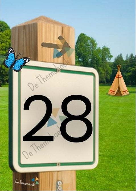 cijferkaarten, cijferkennis, cijferherkenning, thema vakantie, thema camping, thema op reis, kleuters, groep 1/2, tellen tot 30, cijfers tot 30, de themahoek, rekenen, rekenspel, rekenkaarten