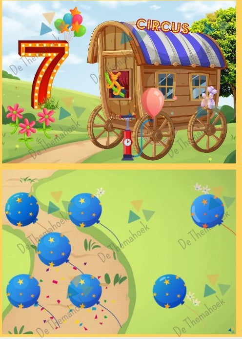 thema circus, kleuters, rekenen, groep 1/2, geld, themahoek circus, speelgeld circus, tellen, cijferherkenning, optellen en aftrekken, getalrij, cijferkaarten, telkaarten, de themahoek, rekenbegrippen, verhoudingen, meer minder, groot klein