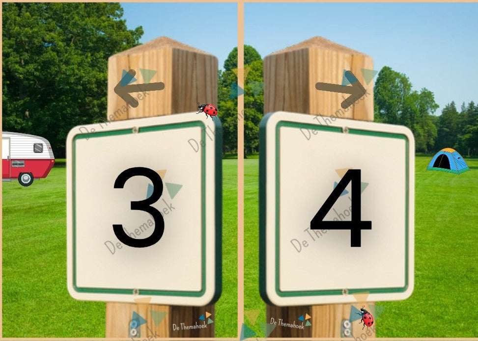 cijferkaarten, cijferkennis, cijferherkenning, thema vakantie, thema camping, thema op reis, kleuters, groep 1/2, tellen tot 30, cijfers tot 30, de themahoek, rekenen, rekenspel, rekenkaarten