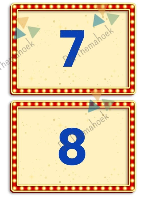 thema circus, kleuters, rekenen, groep 1/2, geld, themahoek circus, speelgeld circus, tellen, cijferherkenning, spelhoek, getalrij, cijferkaarten, telkaarten, de themahoek, rekenbegrippen, rollenkaartjes, thema spot on, circusvoorstelling