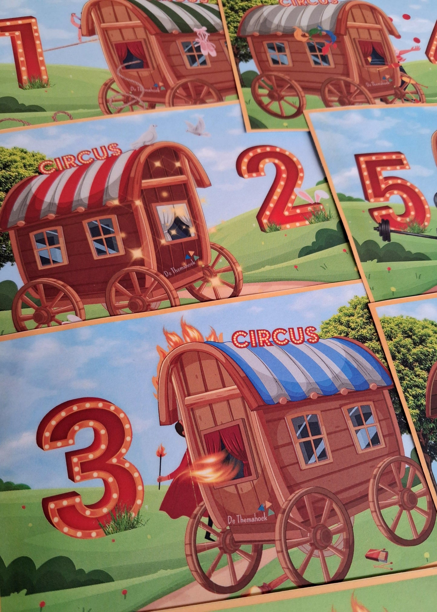 tellen, telkaarten, cijferkaarten, hoeveelheden herkennen, cijfers, thema circus, circus, kleuters, groep 1/2, rekenen met kleuters, bewegend leren, thema spot on, kinderboekenweek, de themahoek, themahoek