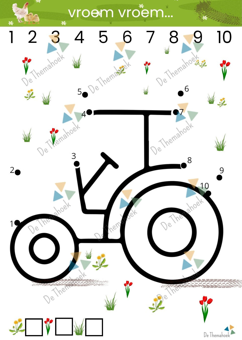 cijfertekeningen, thema boerderij, kleuters, groep 1/2, cijferherkenning, cijfers, rekenen, boerderij, de themahoek, thema lente, punt naar punt tekeningen