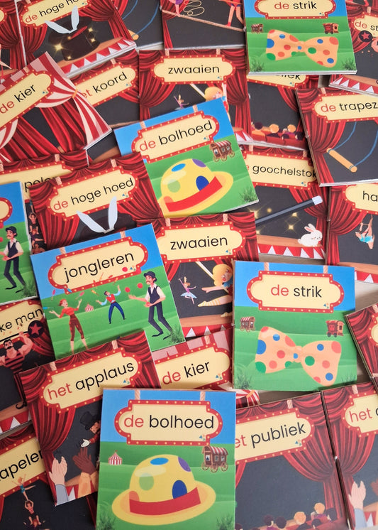 memory, thema circus, kleuters, groep 1/2, thema spot on, spot aan, kinderboekenweek, woordkaartjes, woordkaarten, muziekinstrumenten, theater, voorstelling, woordenschat, taalontwikkeling, spel, de themahoek, themahoek circus