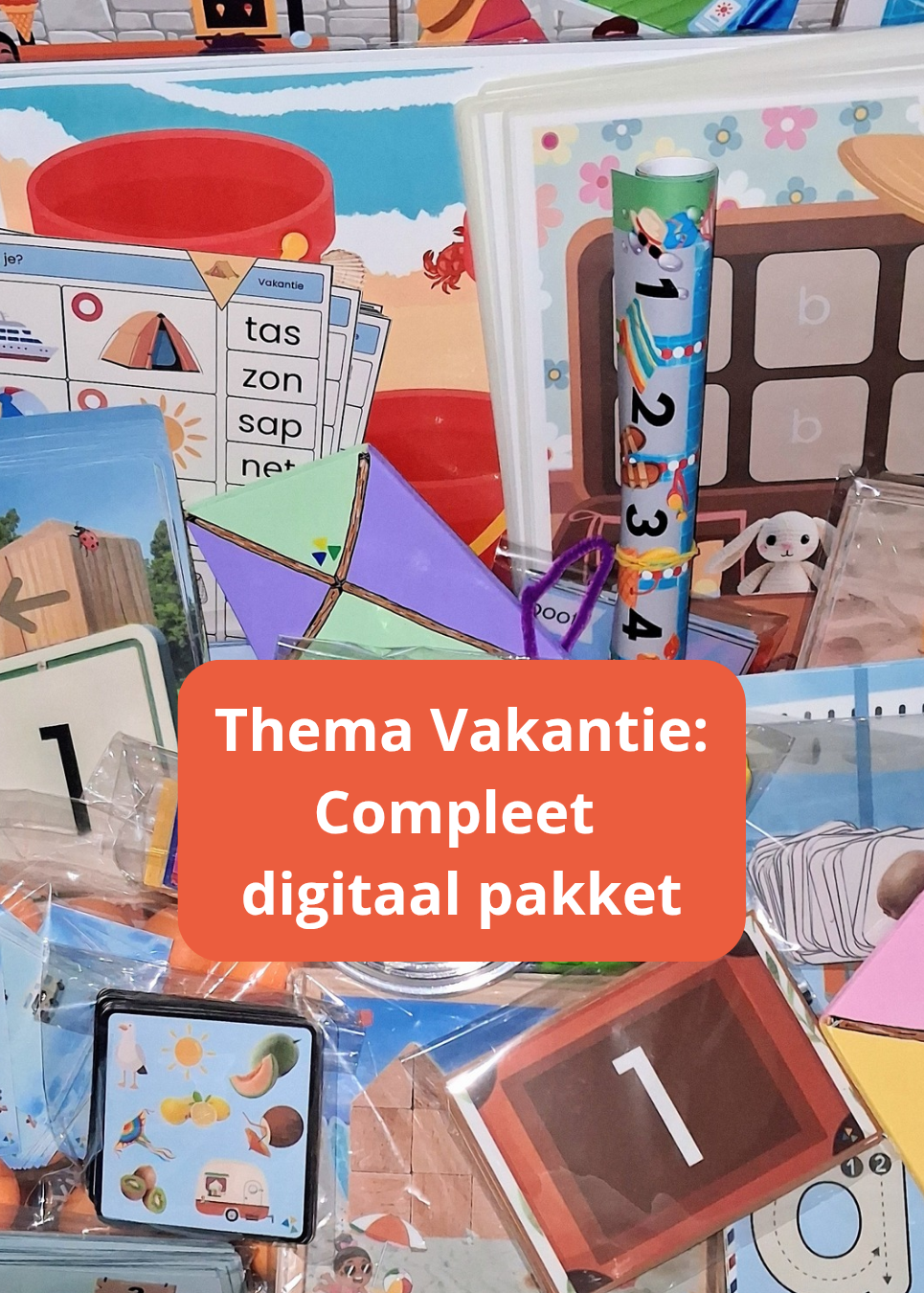 thema vakantie, thema de camping, thema zomer, thema op reis, compleet pakket, spellen, inloop, taal, woordenschat, kleuters, groep 1/2, auditieve oefeningen, liedjes, rekenen, tellen, cijfers, letters, de themahoek, themakist.