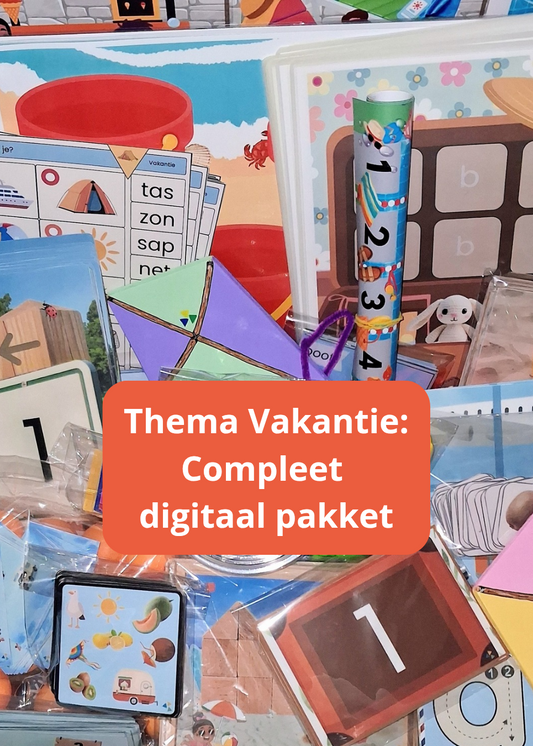 thema vakantie, thema de camping, thema zomer, thema op reis, compleet pakket, spellen, inloop, taal, woordenschat, kleuters, groep 1/2, auditieve oefeningen, liedjes, rekenen, tellen, cijfers, letters, de themahoek, themakist.