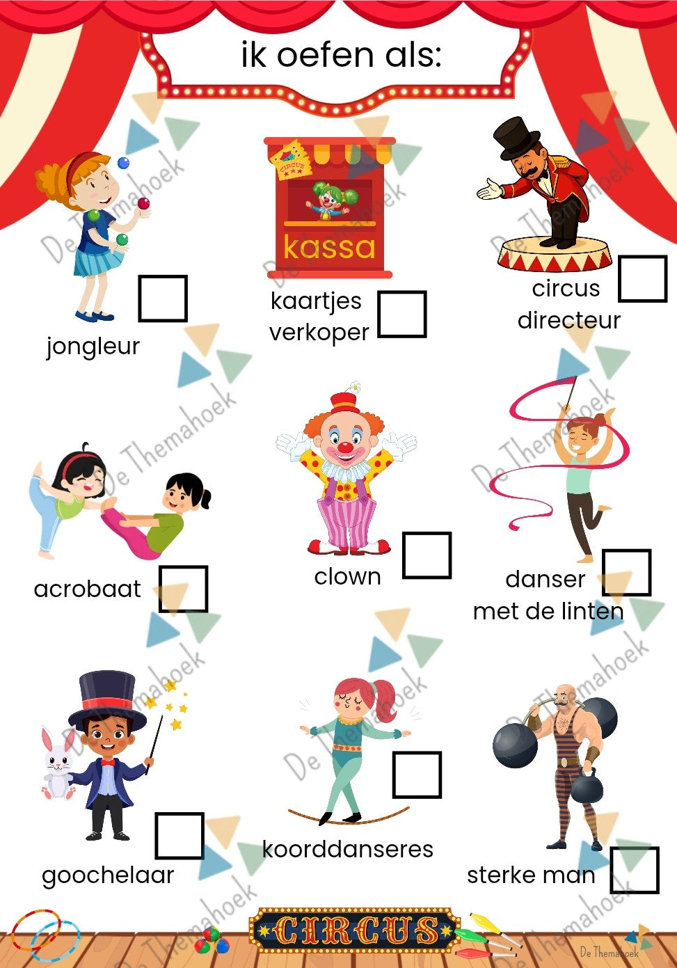 thema circus, kleuters, rekenen, groep 1/2, geld, themahoek circus, speelgeld circus, tellen, cijferherkenning, spelhoek, getalrij, cijferkaarten, telkaarten, de themahoek, rekenbegrippen, rollenkaartjes, thema spot on, circusvoorstelling, diploma thema circus, aftekenlijst circus