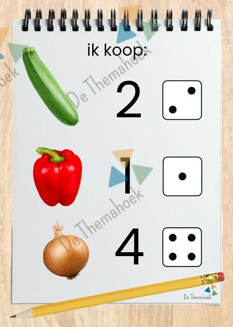 thema boerderij, kleuters, de boerderij, kleuters, groep 1/2, de boerderijwinkel, spelhoek boerderij, spel, spelhoek, themahoek, de themahoek, prijskaartjes, geldrekenen, dobbelsteenbeelden, tellen