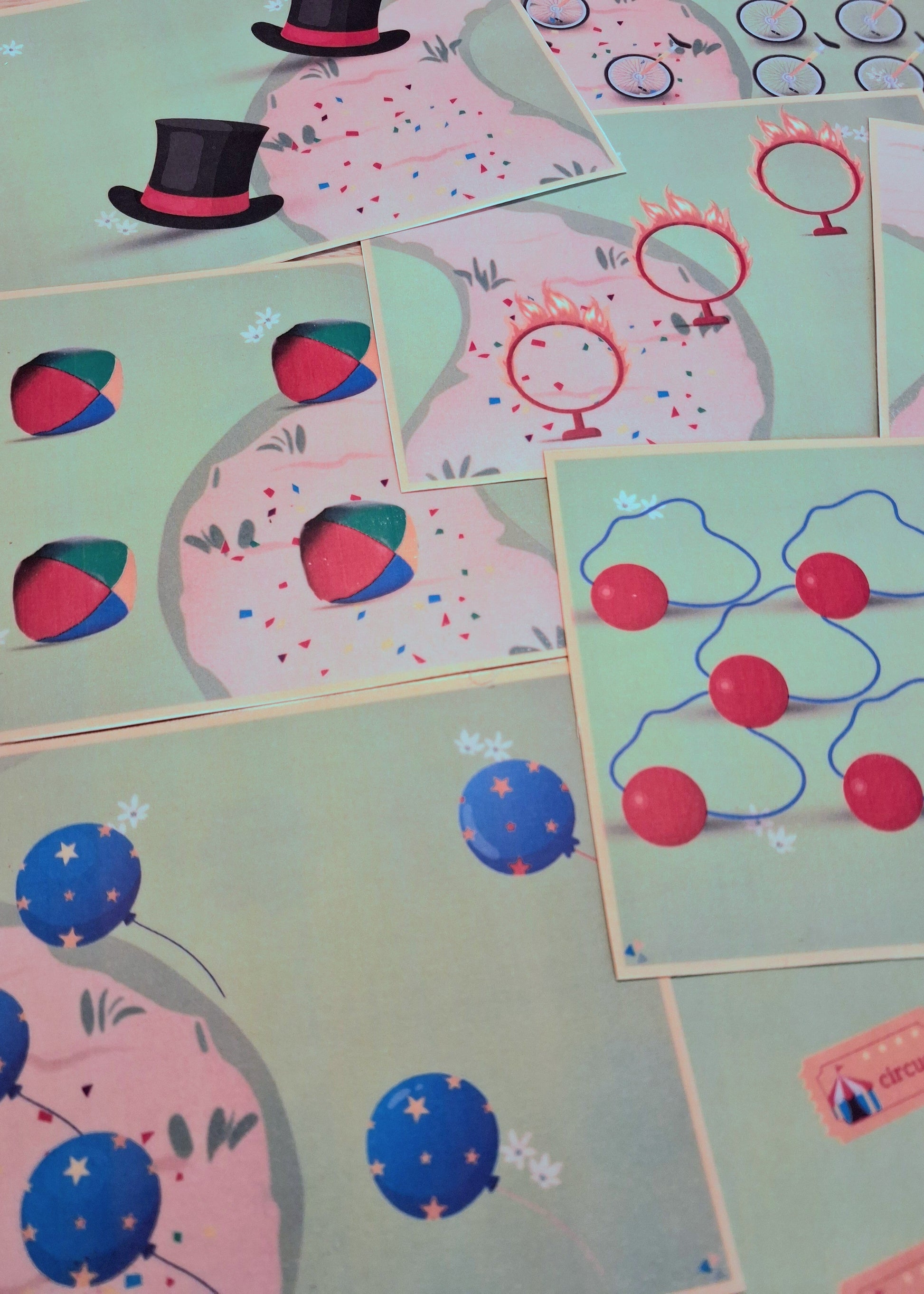 tellen, telkaarten, cijferkaarten, hoeveelheden herkennen, cijfers, thema circus, circus, kleuters, groep 1/2, rekenen met kleuters, bewegend leren, thema spot on, kinderboekenweek, de themahoek, themahoek, dobbelsteenbeelden