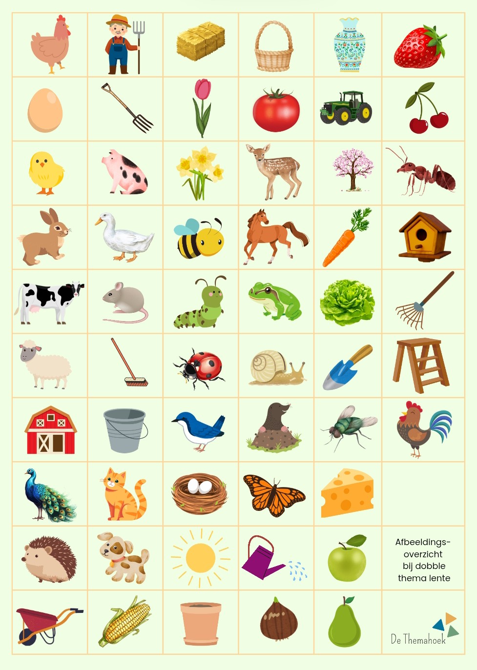 Dobble voor kleuters in het thema lente, spel, thema lente, themahoek, de themahoek