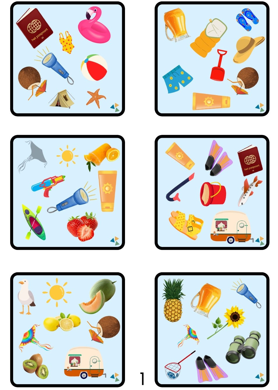 dobble, thema vakantie, kleuters, groep 1/2, thema op reis, thema de camping, thema zomer, thema strand en zee, spel, visuele analyse, executieve functies, spel kleuters, woordenschat