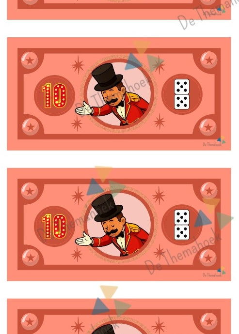 thema circus, kleuters, rekenen, groep 1/2, geld, themahoek circus, speelgeld circus, tellen, cijferherkenning, optellen en aftrekken, getalrij, cijferkaarten, telkaarten, de themahoek