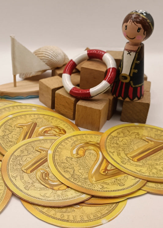 rekenen thema piraten, kleuters, groep 1/2, cijferkaarten, telrij kleuters, thema piraten, gouden munten, cijferherkenning kleuters, rekenhoek, themahoek piraten, de themahoek