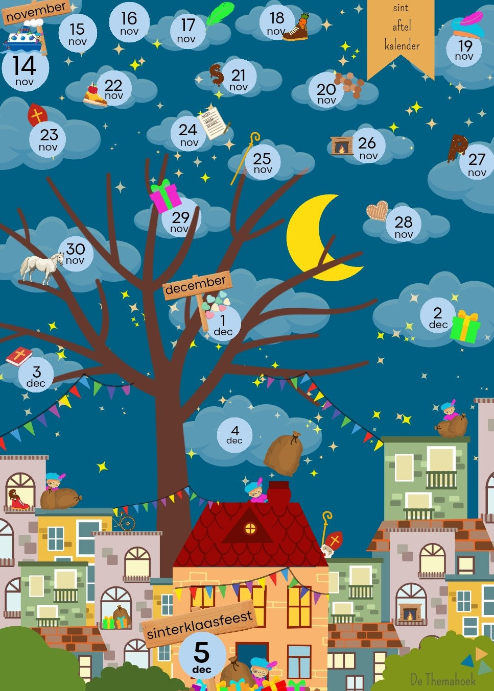 sint aftelkalender kleuters, sinterklaas kalender, sint, sinterklaas, kleuters, thema sint, sint, groep 1/2, de themahoek, themahoek