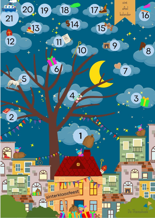 sint aftelkalender kleuters, sinterklaas kalender, sint, sinterklaas, kleuters, thema sint, sint, groep 1/2, de themahoek, themahoek, gratis aftelkalender