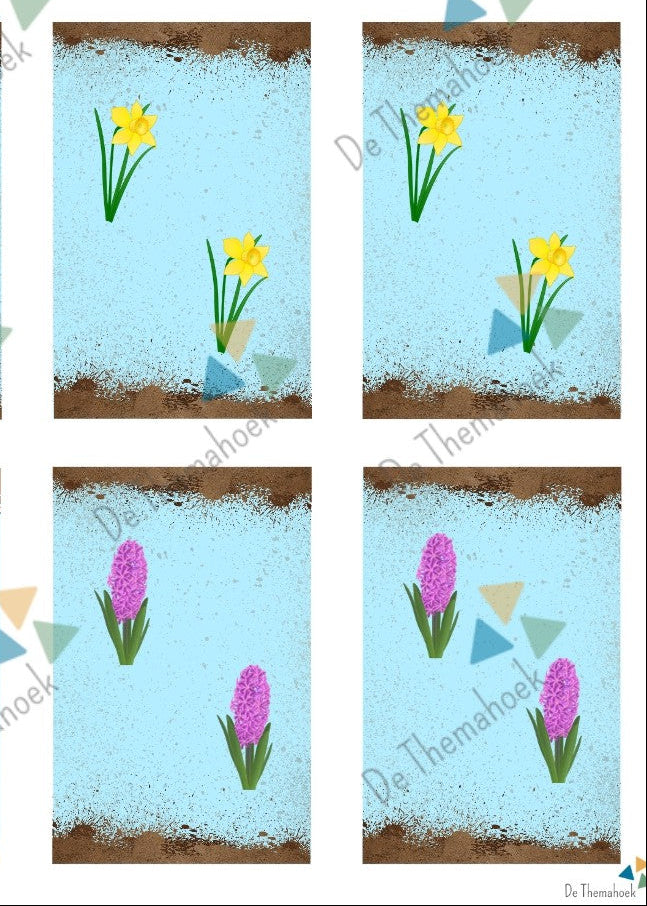 thema lente, thema boerderij, kleuters, bloemen, tulp, narcis, hyacint, lente, boerderij, bloembollen, woordenschat, executieve functies, tellen, reactiespel, spel kleuters, de themahoek, samen vijf