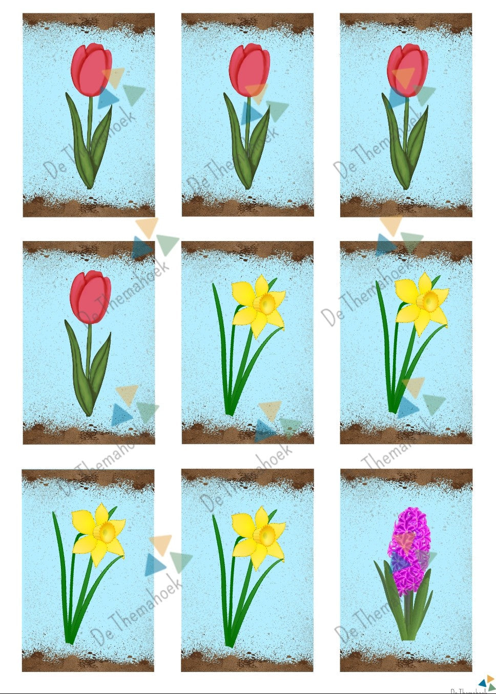 thema lente, thema boerderij, kleuters, bloemen, tulp, narcis, hyacint, lente, boerderij, bloembollen, woordenschat, executieve functies, tellen, reactiespel, spel kleuters, de themahoek, samen vijf