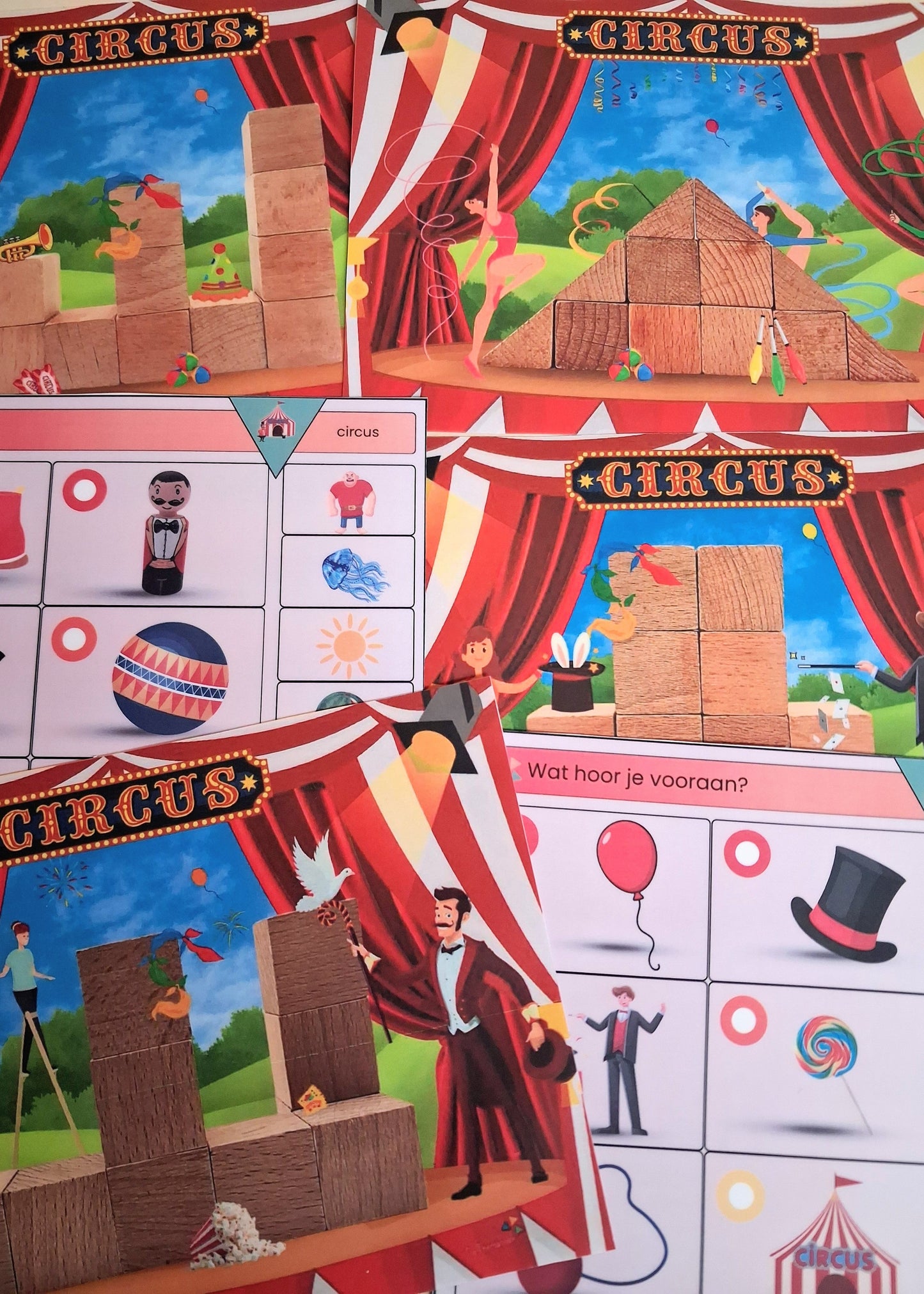 thema circus, de themahoek, kleuters, groep 1/2, bouwen, bouwkaarten, piccolo,  tellen, rekenen, ruimtelijk inzicht, rijmen, schrijfpatronen, themahoek circus