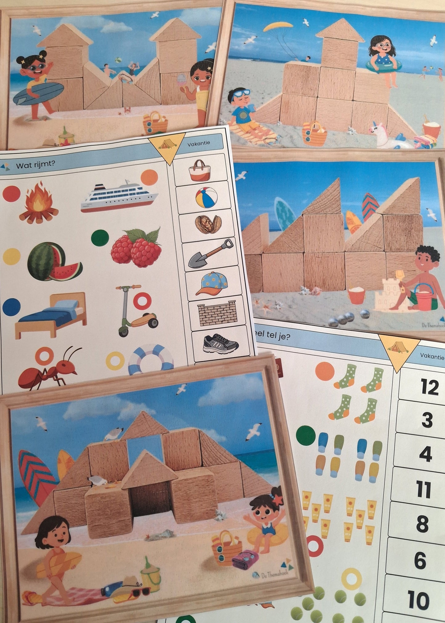 inloop thema vakantie, thema zomer, thema camping, thema op reis, thema strand en zee, kleuters, groep 1/2, inloop, inloopactiviteit, piccolo, bouwkaarten, bouwen, de themahoek, woordenschat, rekenen, letterkennis, cijferkennis, rijmen, bouwhoek