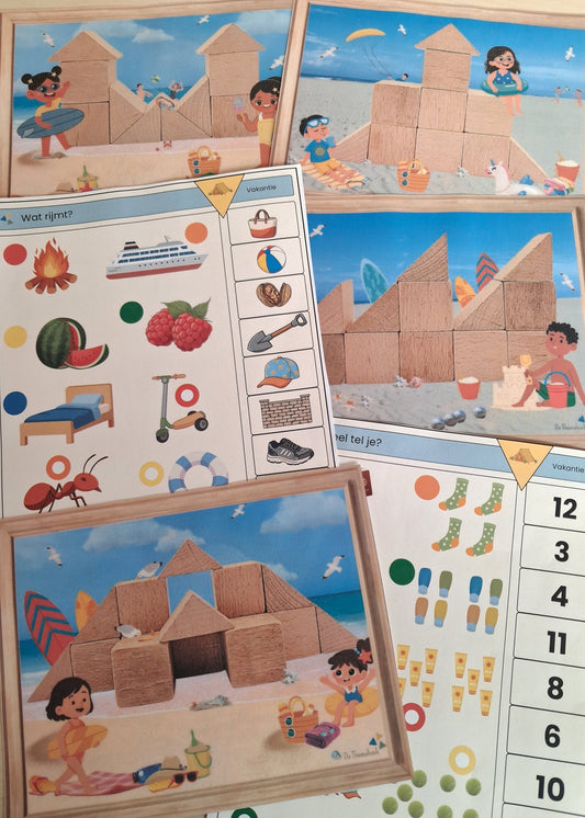 inloop thema vakantie, thema zomer, thema camping, thema op reis, thema strand en zee, kleuters, groep 1/2, inloop, inloopactiviteit, piccolo, bouwkaarten, bouwen, de themahoek, woordenschat, rekenen, letterkennis, cijferkennis, rijmen, bouwhoek