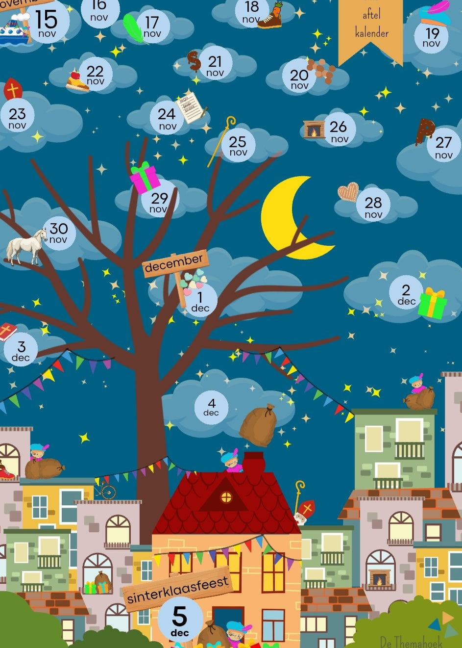 sint aftelkalender kleuters, sinterklaas kalender, sint, sinterklaas, kleuters, thema sint, sint, groep 1/2, de themahoek, themahoek