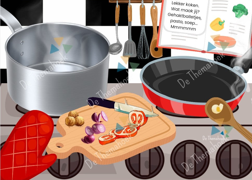 kleikaarten, thema huis, thema mijn huis, thema hier woon ik, de keuken, koken, pannen, tanden poetsen, spiegel, motoriek, kleien, inloop, de themahoek, themahoek, huishoek, spel kleuters, kleuters, groep 1/2