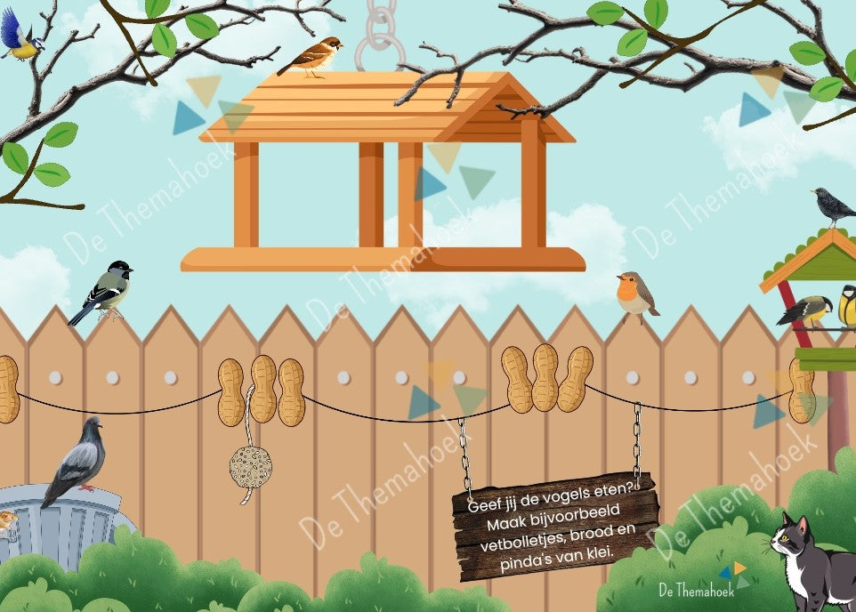 kleikaarten, thema huis, thema mijn huis, thema hier woon ik, de tuin, vogelhuisje, motoriek, kleien, inloop, de themahoek, themahoek, huishoek, spel kleuters, kleuters, groep 1/2, vogels