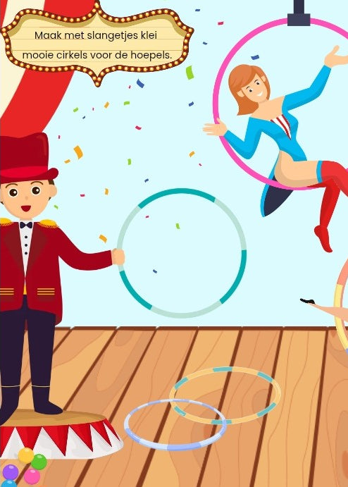 kleikaarten, circus, thema circus, kleikaarten circus, kleuters, groep 1/2, kleien, fijne motoriek, inloop, de themahoek, themahoek circus, thema spot on, thema kinderboekenweek, kinderboekenweek 2026, woordenschat, tellen