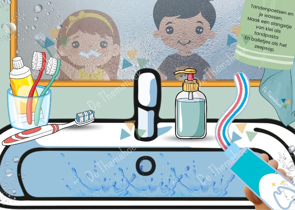kleikaarten, thema huis, thema mijn huis, thema hier woon ik, de badkamer, tanden poetsen, spiegel, motoriek, kleien, inloop, de themahoek, themahoek, huishoek, spel kleuters, kleuters, groep 1/2