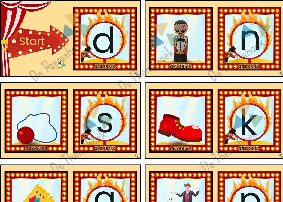 thema circus, kinderboekenweek, spot on, kleuters, groep 1/2, letters, klanken, beginklank, leesrups, alfabet, woordenschat, fonemisch bewustzijn, auditieve oefening, de themahoek, themaboek circus, aanvankelijk lezen, letterkaartjes