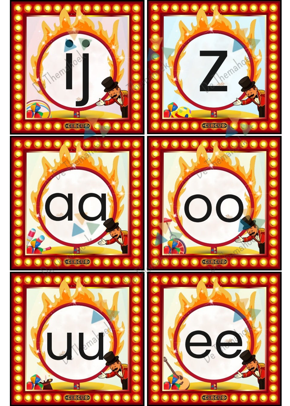 thema circus, kinderboekenweek, spot on, kleuters, groep 1/2, letters, klanken, beginklank, leesrups, alfabet, woordenschat, fonemisch bewustzijn, auditieve oefening, de themahoek, themaboek circus, aanvankelijk lezen, letterkaartjes
