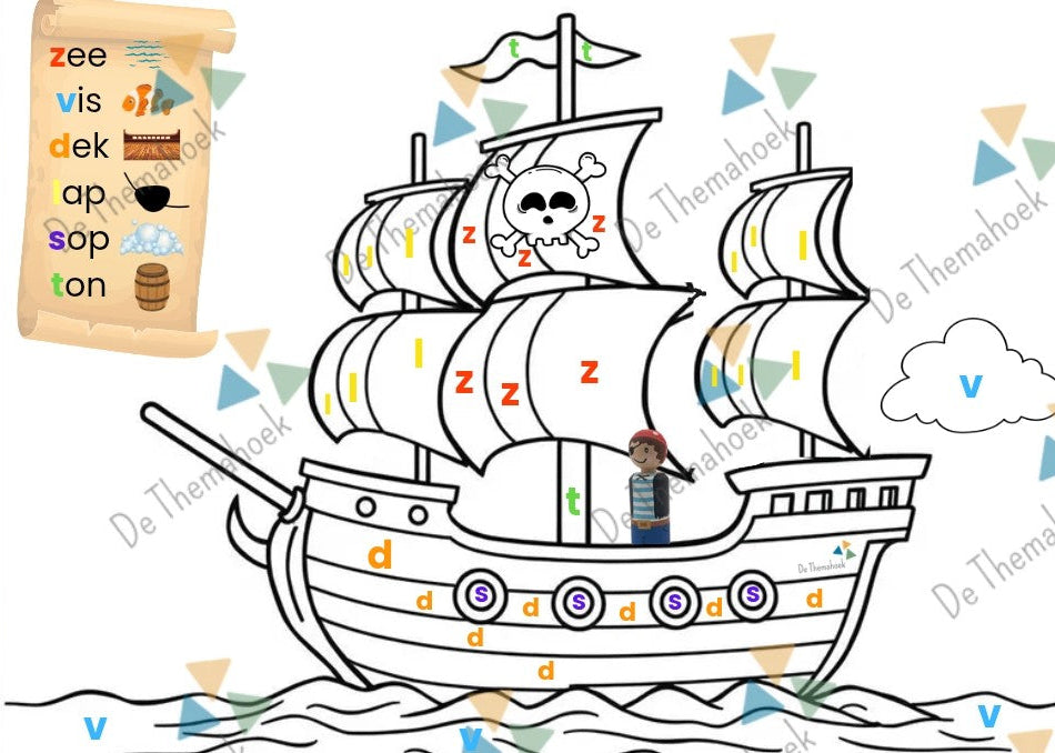 letterkleurplaat thema piraten, them piraten, letterherkenning, letterkennis, kleuters, groep 1/2, de themahoek, themahoek piraten, dobbel en kleur piraten, aanvankelijk lezen thema piraten, kleurplaat thema piraten