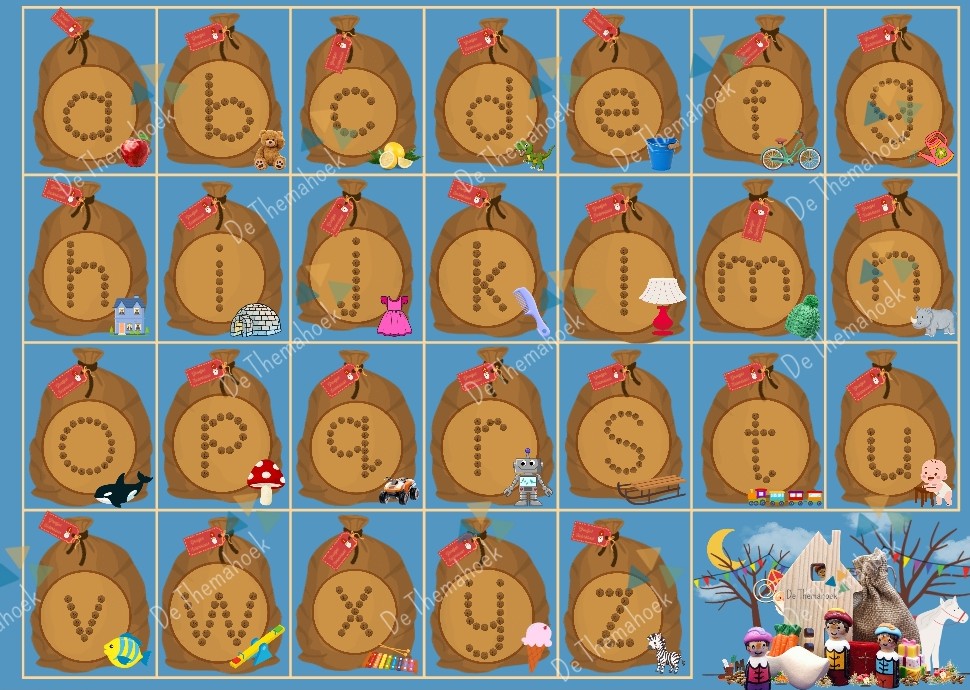 letterposter, thema sint, sint, thema sinterklaas, sinterklaas, pepernootletters, chocoladeletters, rijmen, kleuters, groep 1/2, kleine letters, bewegend leren, de themahoek, themahoek sint, spelhoek sint, groep 3