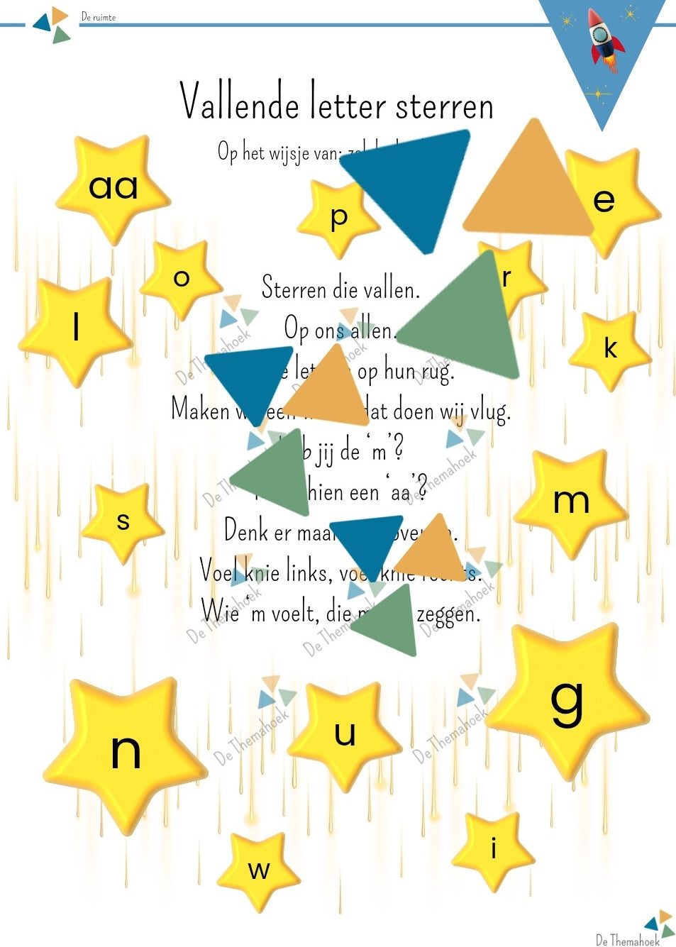 thema ruimte,  liedje, versje, letterherkenning, de themahoek, kleuters, muziek, zingen