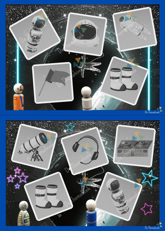 Lotto, thema ruimte, ruimte, de ruimte, kleuters, groep 1/2, de themahoek, themahoek ruimte, de raket, spel thema ruimte, spel, bingo, woordenschat, inloop thema ruimte, 